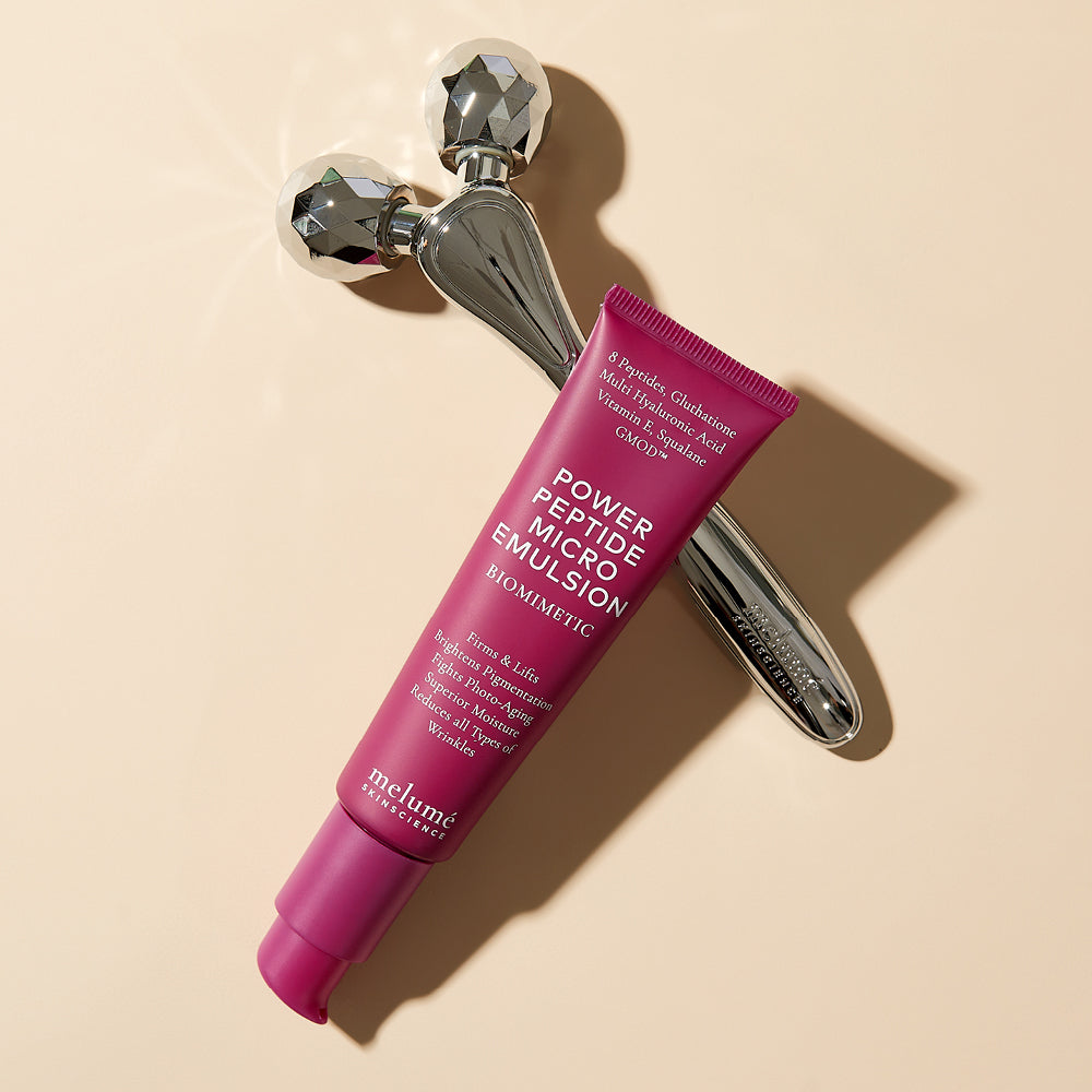 image mood of contouring duo. Power peptide micro emulsion on top of contouring facial roller