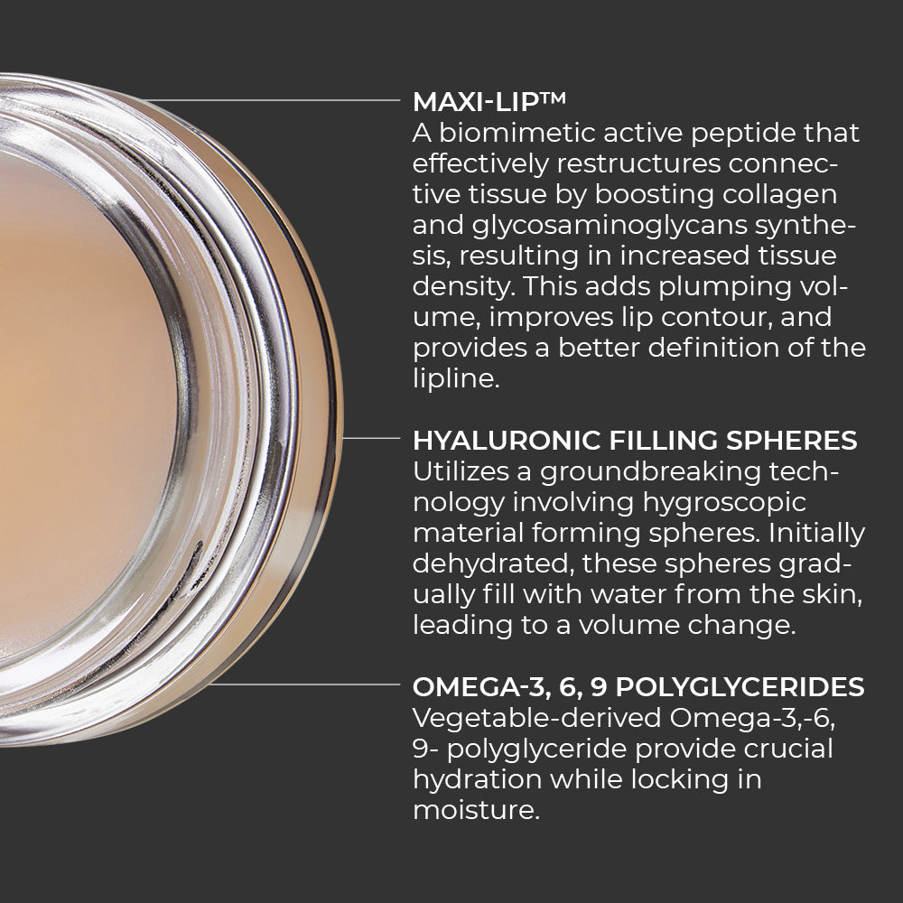 image mood part of lip line eraser lip balm with detailed description of ingredients such as maxi-lip, hyaluronic filling spheres, polyglycerides