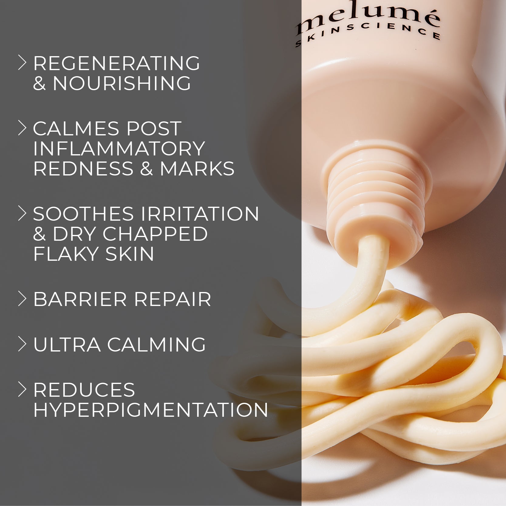 image mood of calm balm tube sqeezed and benefits bullet points such as renegerating and nourishing, calmes post inflammatory redness and marks, soothes irritation, dry chapped, flaky skin, barrier repair, ultra calming, reduces hyperpigmentation