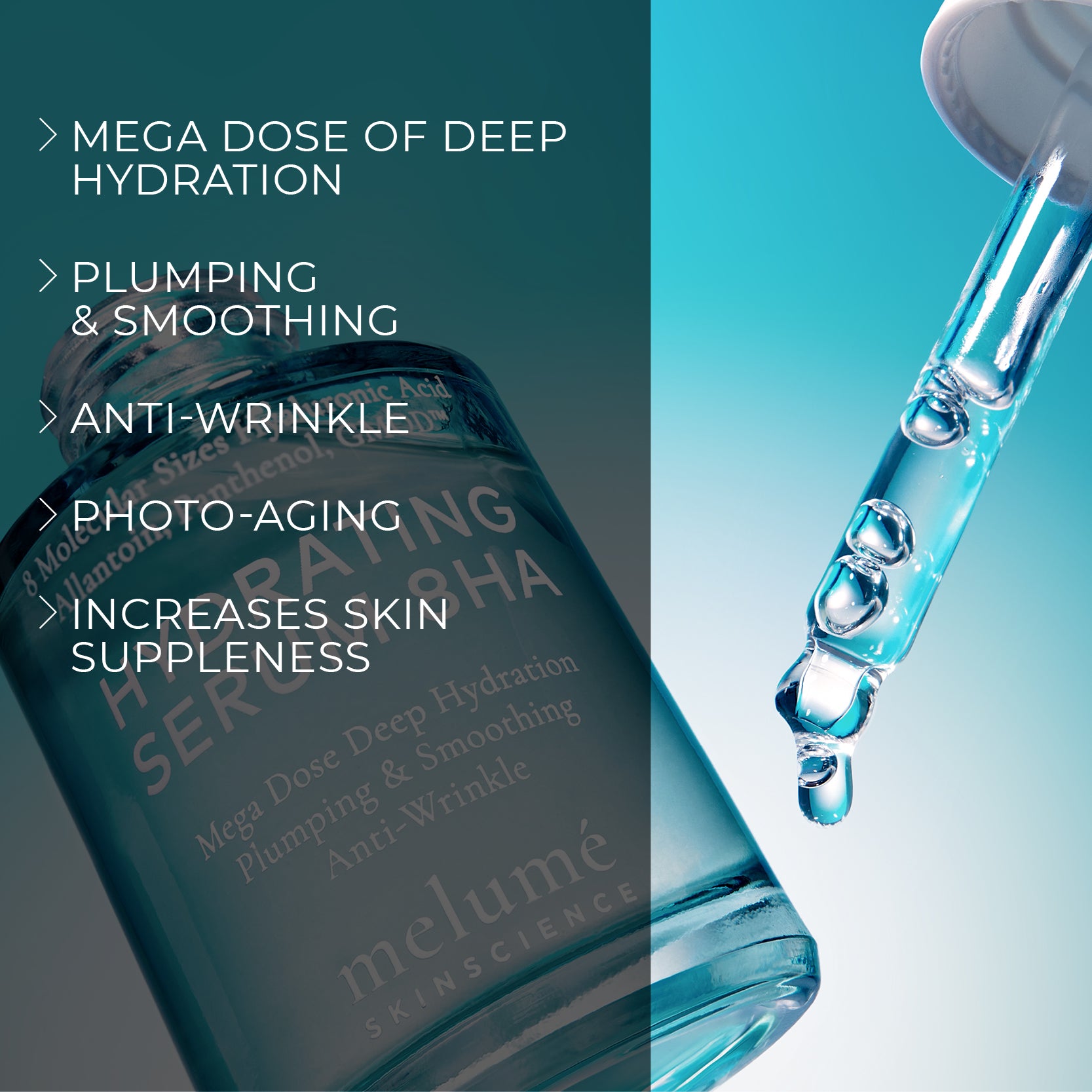 image mood of hydrating serum 8HA floating next to dropper and benefits bullet points such as mega dose of deep hydration, plumping and smoothing, anti-wrinkle, photo-aging, increases skin suppleness