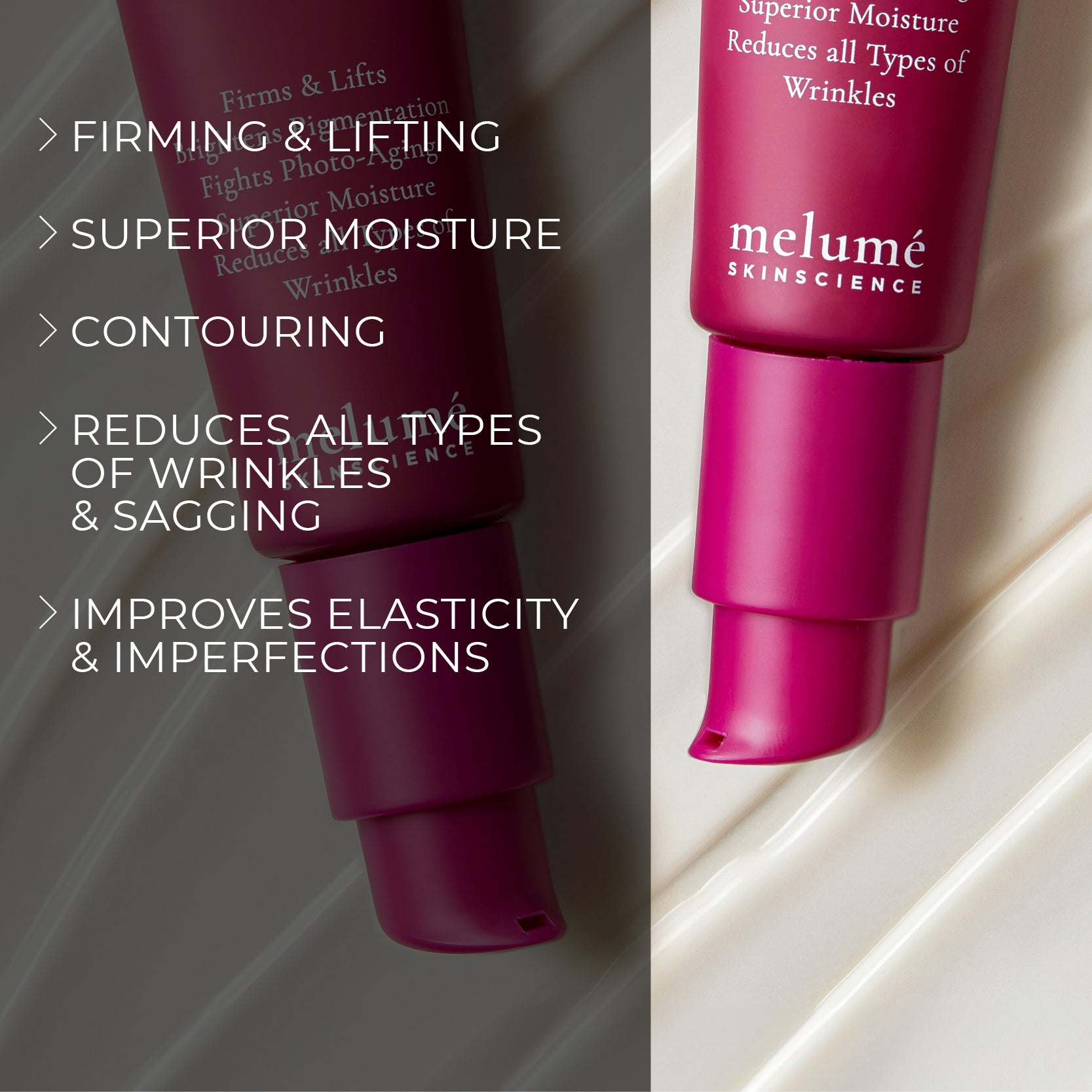 image mood of power peptide micro emulsion lying over texture and showing benefits in bullet points such as firming and lifting, superior moisture, contouring, reduces all types of wrinkles and sagging, improves elasticity and imperfections