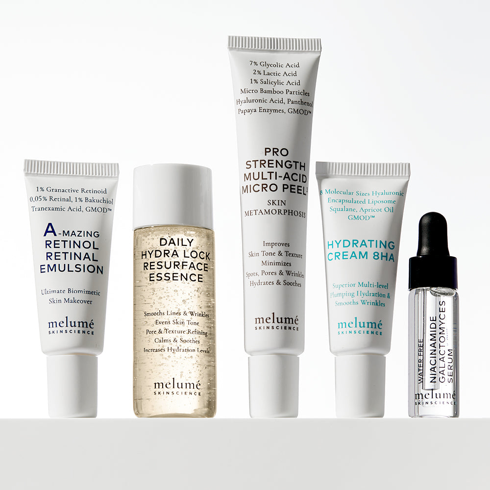 image packshot of five mini versions of amazing retinol retinal emulsion, daily hydra lock resurface essence, pro strength multi-acid micro peel, hydrating cream 8HA and water free niacinamide galactomyces serum