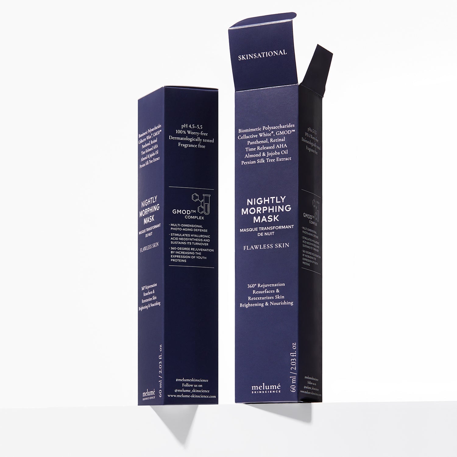 image packshot of packaging of nightly morphing mask behind white background