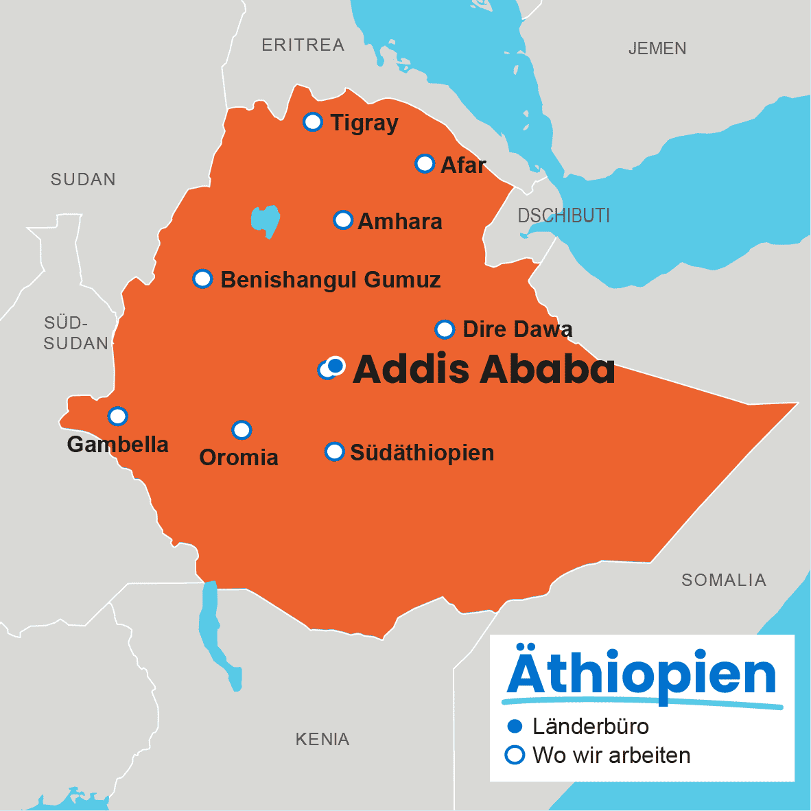 Map of Ethiopia with Addis Ababa highlighted in orange, surrounded by other regions.