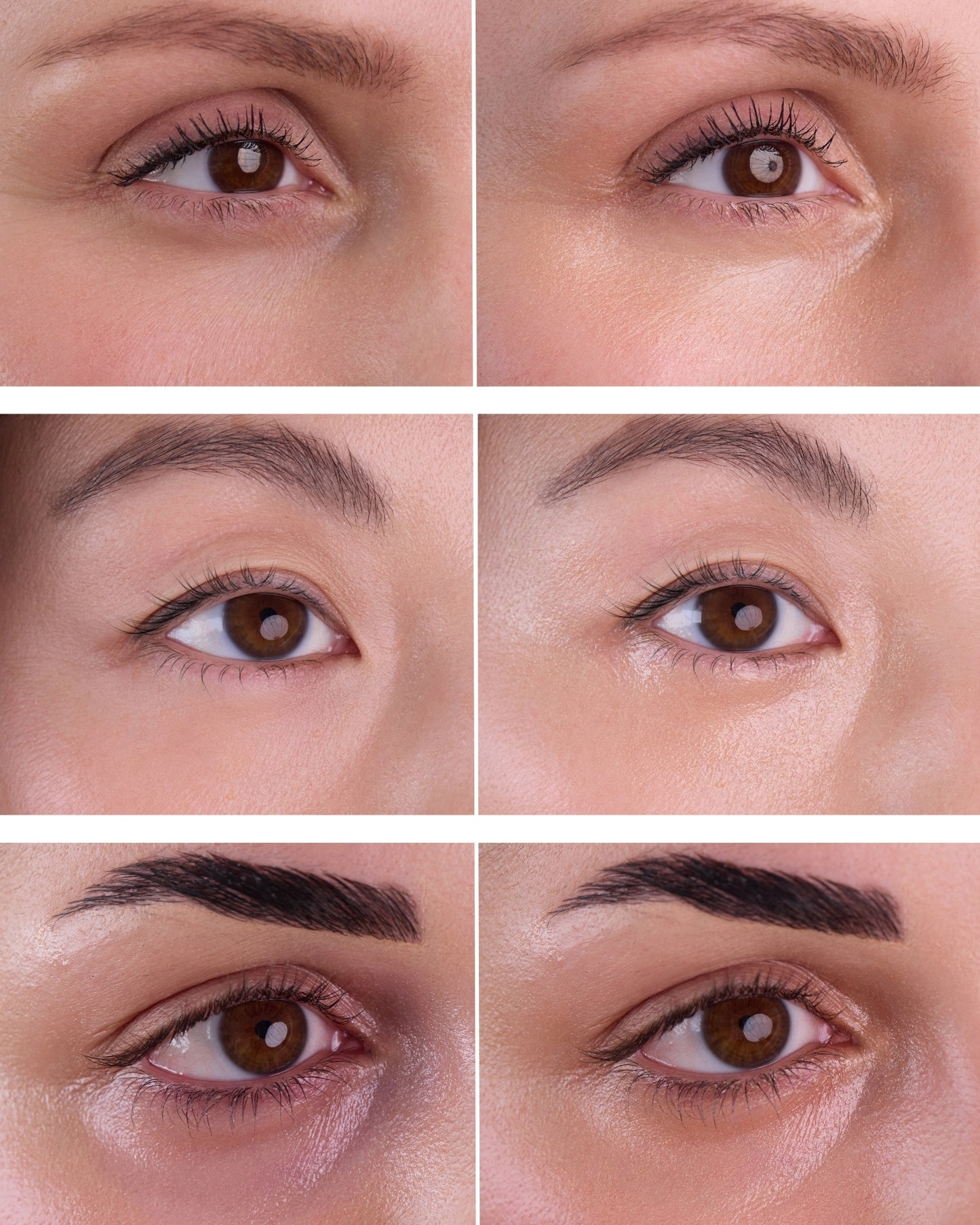 A six-panel before-and-after comparison collage showing close-up views of a woman's eyes, eyebrows, and under-eye area, demonstrating the effects of an eye makeup or cosmetic treatment.