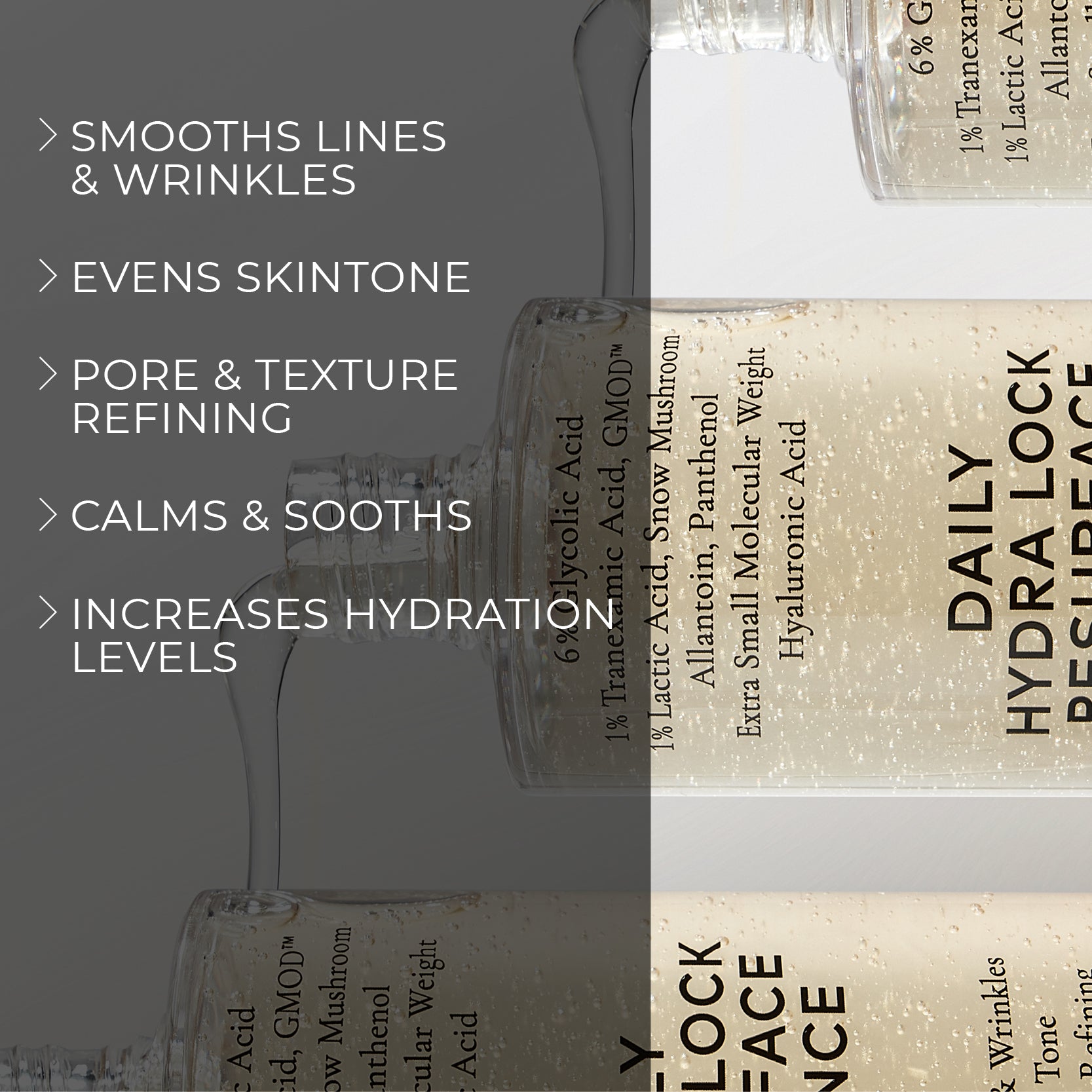 image mood of several daily hydra lock resurface essence tower dripping over the next and benefits bullet points such as smooth lines and wrinkles, evens skintone, pore and texture refining, calms and sooths, increases hydration levels