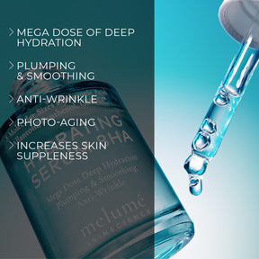 image mood of hydrating serum 8HA floating next to dropper and benefits bullet points such as mega dose of deep hydration, plumping and smoothing, anti-wrinkle, photo-aging, increases skin suppleness