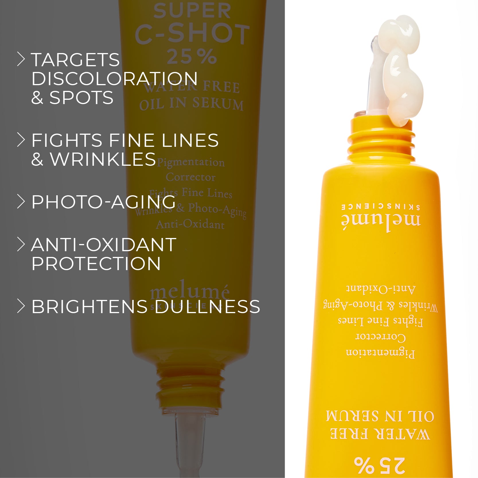 image mood of two super c-shot vitamin c serum with texture squeezing out and benefit bullet points such as targets discoloration and spots, fights fine lines and wrinkles, photo-aging, anti-oxidant protection and brightens dullness
