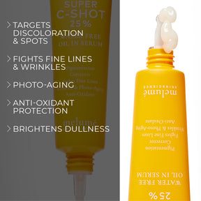 image mood of two super c-shot vitamin c serum with texture squeezing out and benefit bullet points such as targets discoloration and spots, fights fine lines and wrinkles, photo-aging, anti-oxidant protection and brightens dullness