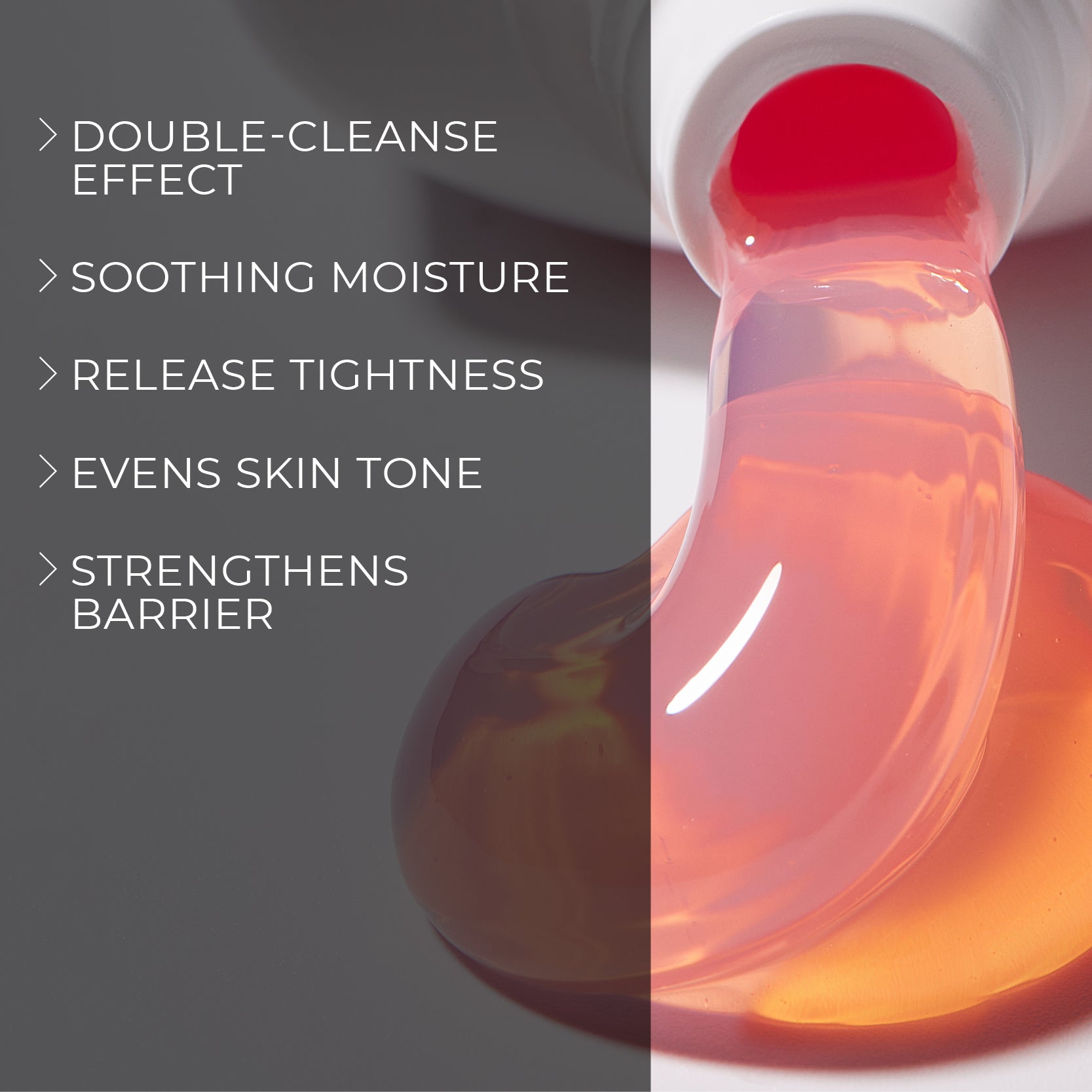 image mood close-up of balmy oily milky cleanser flowing out and benefits bullet points such as double-cleanse effect, soothing moisture, release tightness, evens skin tone, strengthens barrier